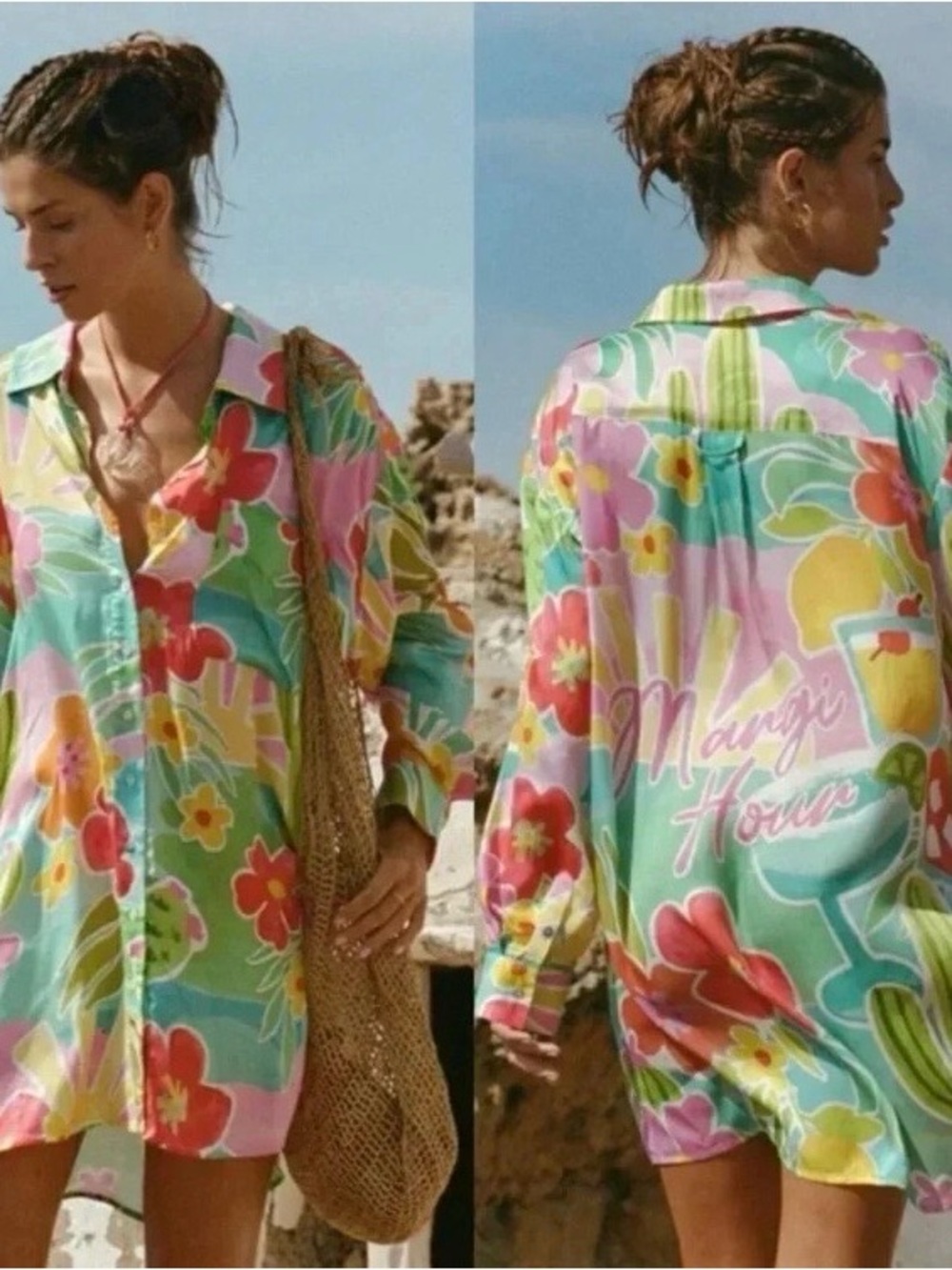 Spell Multicolor Floral Satin Tunic - Pink, Green, Yellow, Orange, Blue - Picture 5 of 11